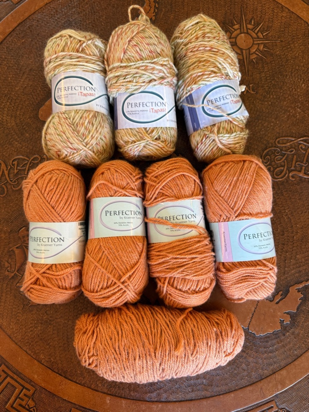 Perfection Yarn Bundle in Deep Peach & Variegated Cream/Peach/Sage. 100 gr each